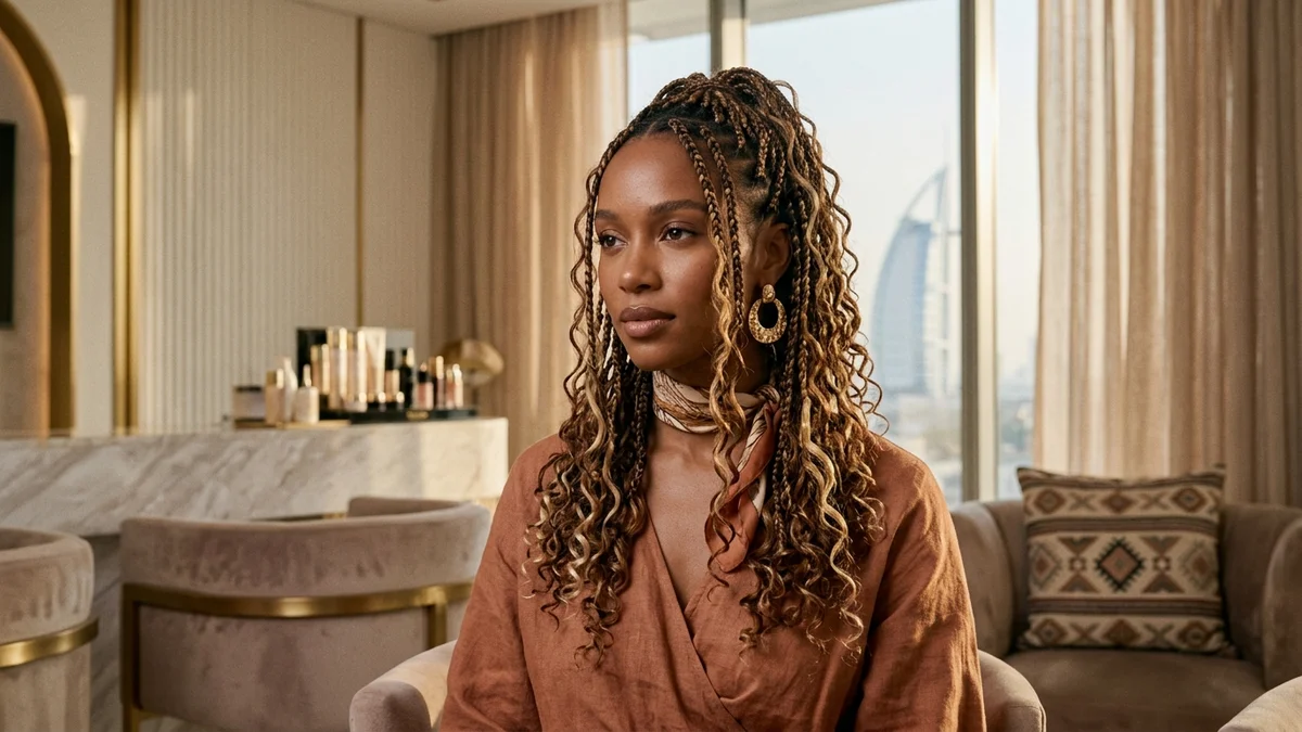 Model with luxury boho knotless braids and wavy honey curls in a modern salon setting in Dubai